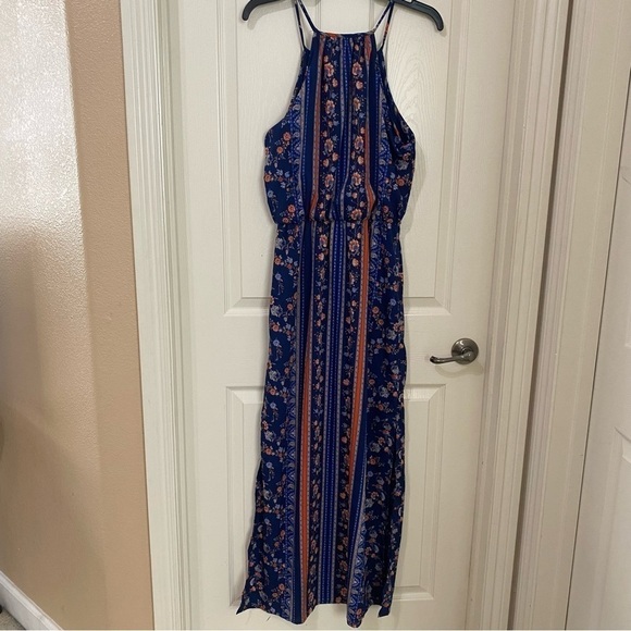 Japna Womens Size 4 Blue Halter Style Pull On Floral Paisley Print Maxi Dress - Picture 7 of 9